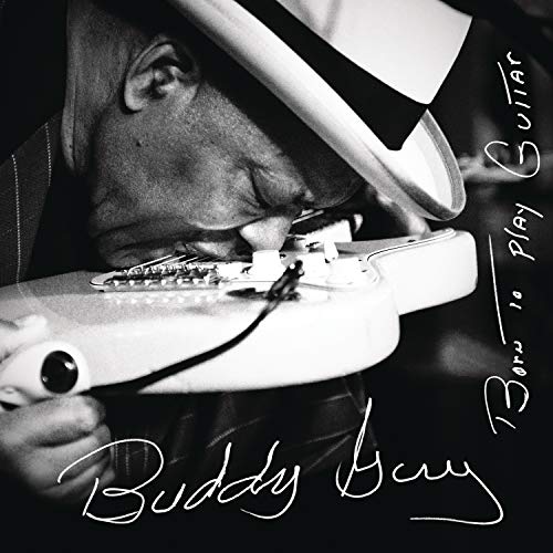 Black and white album cover featuring a guitarist with a white guitar.