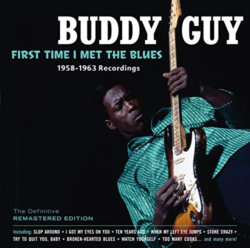Buddy Guy playing an electric guitar against a dark background on an album cover.