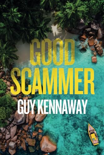 Book cover: "Good Scammer" with tropical imagery and yellow text.
