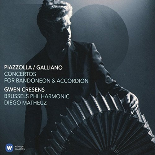 Black and white CD cover featuring a man playing a bandoneon with text overlay.