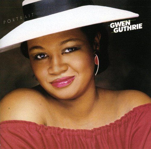 Gwen Guthrie's album cover featuring a woman in a red dress and white hat.
