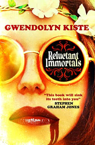 Book cover: "Reluctant Immortals" featuring a woman with sunglasses and flowers.