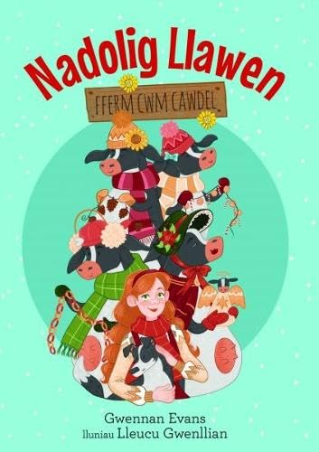 Cartoon illustration of farm animals and a girl wearing winter hats.