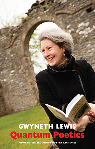 Book cover featuring Gwyneth Lewis smiling and holding an open book, ruins backdrop.