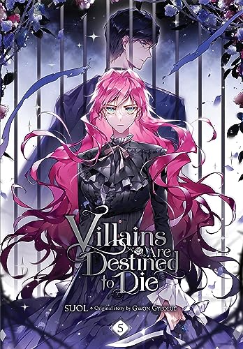 A pink-haired woman in a black dress stands before a man behind bars.