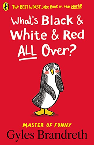 Book cover with a red background, a cartoon penguin, and the title in white.