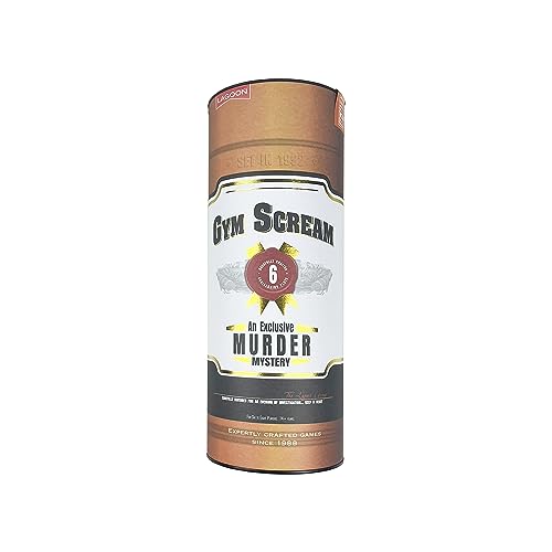 Tall cardboard tube labeled "Gym Scream" with a murder mystery theme.