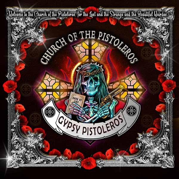 Album cover: skeletal figure with pistol, ornate frame, and red flowers.