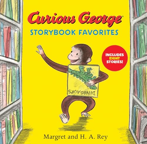 Curious George holding a dinosaur book, on a yellow book cover.
