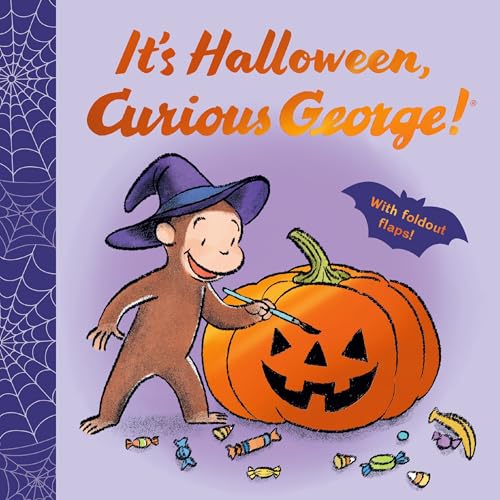 Curious George in a witch hat painting a jack-o'-lantern.