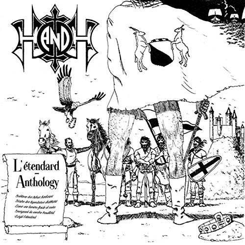 Black and white album cover depicting knights, horses, and a giant’s legs.