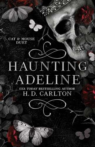 Book cover featuring a skull with a crown, red roses, and white butterflies.