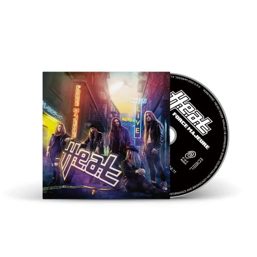 CD case and disc for H.E.A.T’s “Force Majeure” album, band photo.