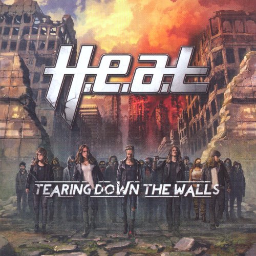 CD cover for H.E.A.T’s “Tearing Down The Walls,” showing destruction and figures.
