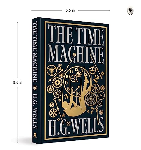 Hardcover book titled The Time Machine by H.G. Wells with gold clockwork cover art.