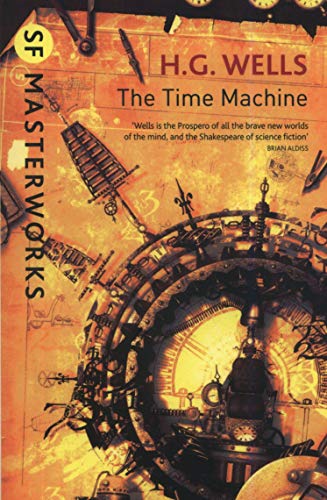 Book cover of "The Time Machine" by H.G. Wells, with a clockwork illustration.