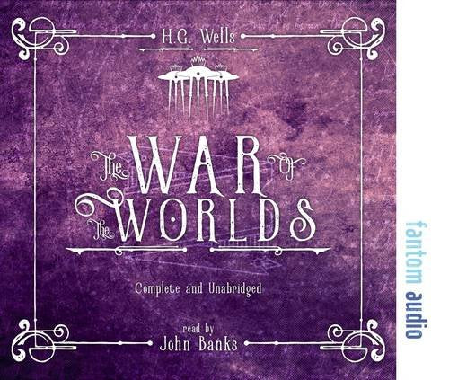 Purple audiobook cover for The War of the Worlds by H.G. Wells with tripod illustration.