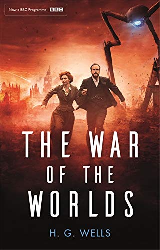 Book cover: fleeing couple, Martian tripod, London skyline, fiery sky.