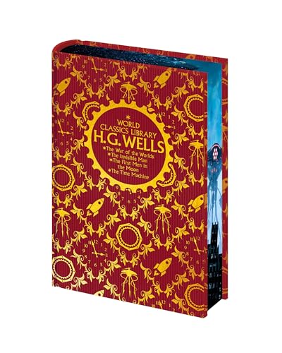 Red and gold H.G. Wells book collection with patterned cover and illustrated spine.