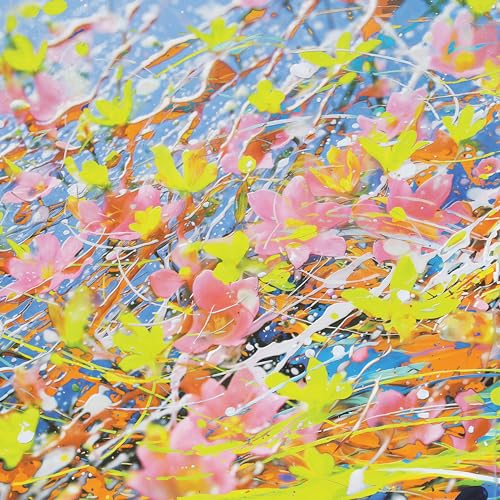 Abstract painting of pink and yellow flowers with colorful splatters.
