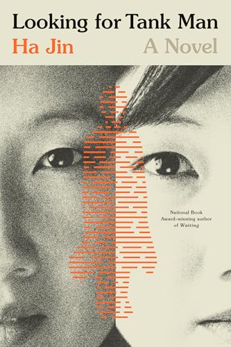 Book cover: split portrait of a face with red lines, title "Looking for Tank Man".
