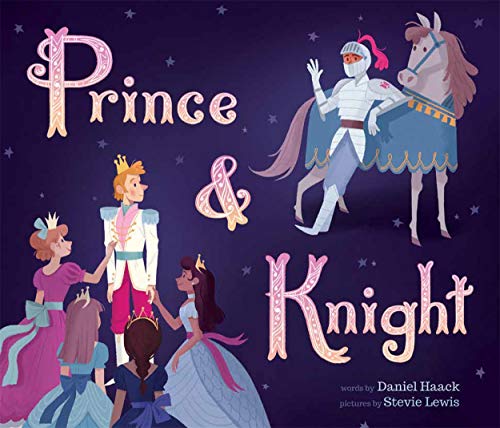 Illustration of a prince, knight, and princesses against a starry night sky.