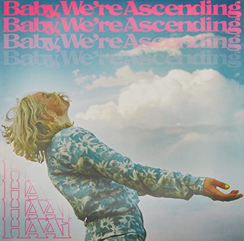 Vinyl album cover: person looking up at clouds, pink and blue sky.