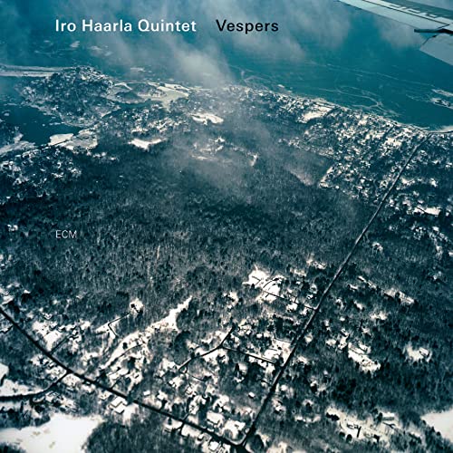 CD cover for "Vespers" by Iro Haarla Quintet, aerial winter landscape.