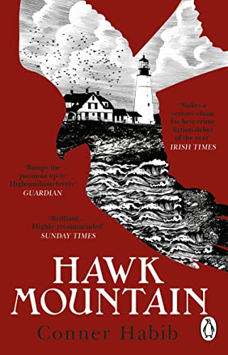 Book cover: dark silhouette of a hawk over a coastal lighthouse scene.