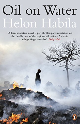 Book cover: "Oil on Water" depicts a figure near burning wreckage.
