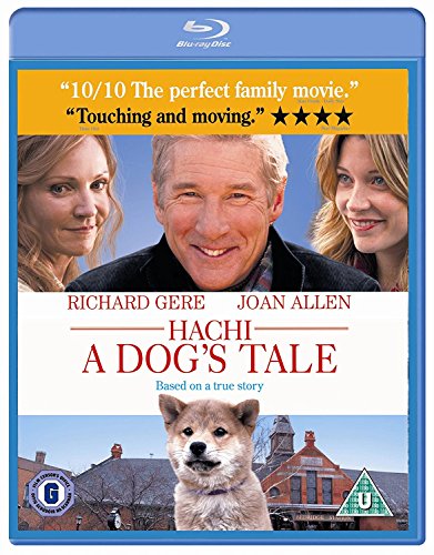 Hachi - A Dog's Tale" Blu-ray cover with Richard Gere, a dog, and family.