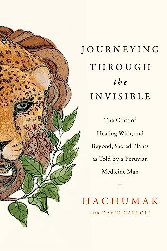 Book cover: jaguar face with foliage, title "Journeying Through the Invisible.