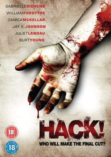 A bloody hand with fingers outstretched on a DVD cover for "Hack!".