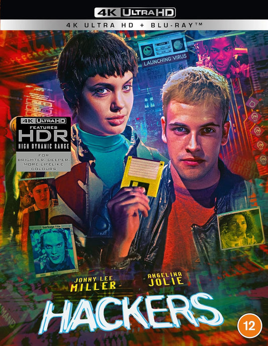 Hackers 30th Anniversary Edition 4K UHD Blu-ray cover featuring Angelina Jolie and Jonny Lee Miller.