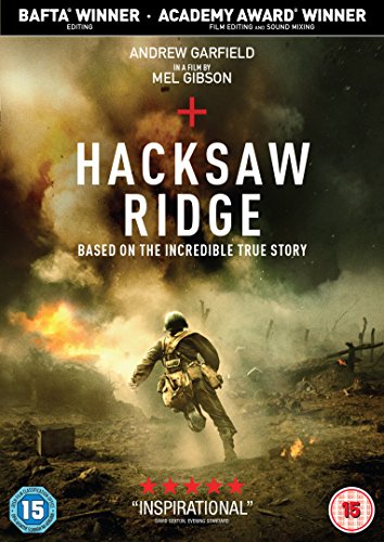 “Hacksaw Ridge” DVD cover with battlefield scene and a soldier running.