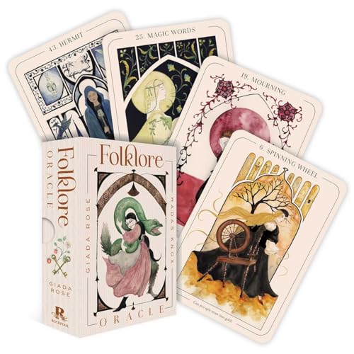 “Folklore Oracle” card deck and box with illustrated figures and floral designs.
