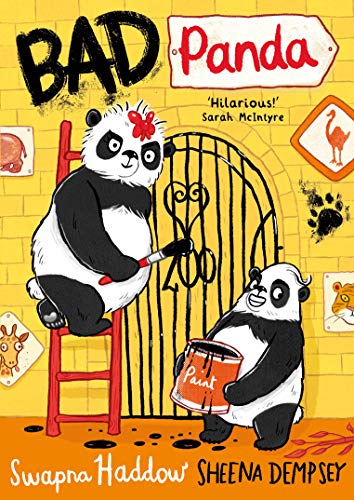 Two pandas painting a zoo gate on a yellow background, book cover illustration.