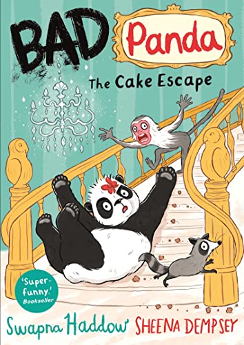 A panda, a monkey, and a raccoon tumble down a staircase on a book cover.