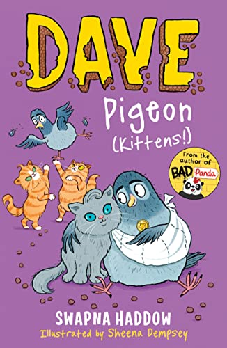 Book cover featuring a pigeon and three kittens on a purple background.