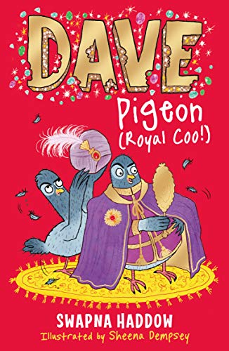 Two cartoon pigeons on a red background, one wearing a purple royal cape.