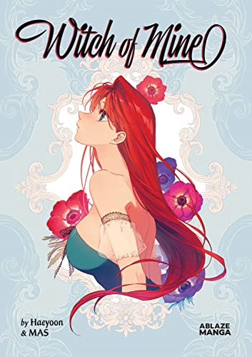 Manga cover: red-haired woman with flowers, ornate frame, title “Witch of Mine”.