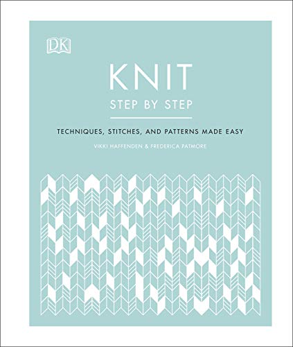 Pale blue book cover with knitting pattern and title "Knit Step by Step".