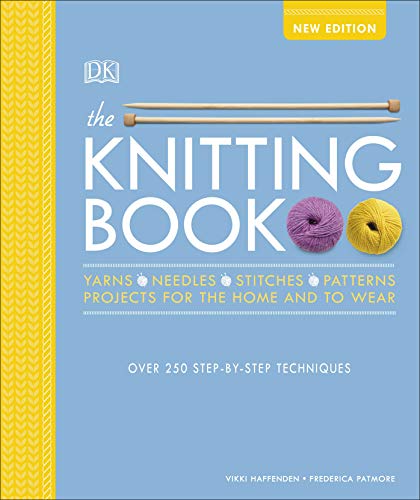 Book cover: "The Knitting Book" with yarn, needles, and stitches shown.