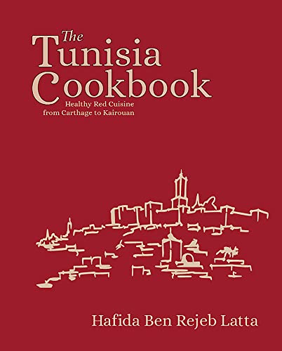 Red cookbook cover with white silhouette of a Tunisian cityscape.