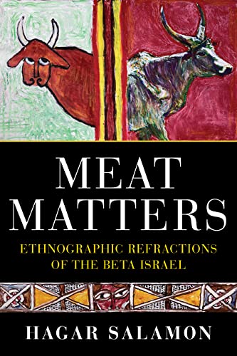 Book cover: “Meat Matters” with images of cattle and geometric patterns.