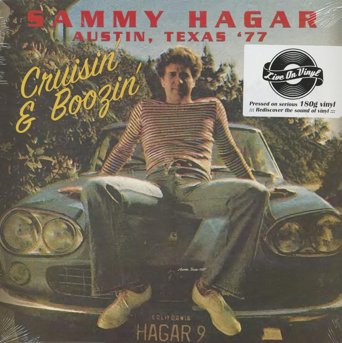 Sammy Hagar “Austin 1977” splatter vinyl record cover with a car image.