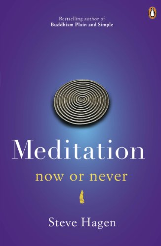 Purple book cover with a spiral design and the title "Meditation Now or Never".