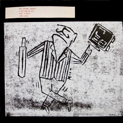 Black and white vinyl record cover with a sketched figure holding a television.
