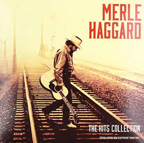 Merle Haggard walking on railroad tracks holding an acoustic guitar in a sepia-toned scene.