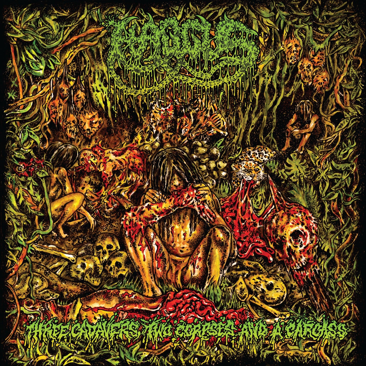 Dark, detailed album cover with figures amidst gore and skulls.